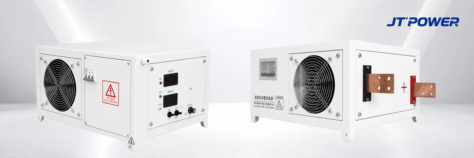 Alt text: Rear copper busbars of JT-POWER 500A power supply for precision gold refining electroform applications